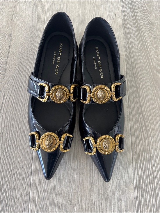 Kurt Geiger Shoes - Kurt Geiger Black Patent Pointed Flats with Gold Medallion Accents